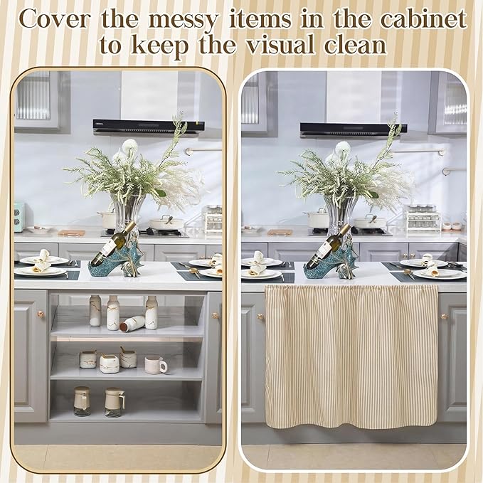 VitalCozy Cabinet Curtains 35" W x 35" L Sink Skirt for Bathroom Kitchen Brown Stripes Cabinet Curtains for Classroom Home Farmhouse Rustic Drape Under Desk Privacy Drape for Laundry Room