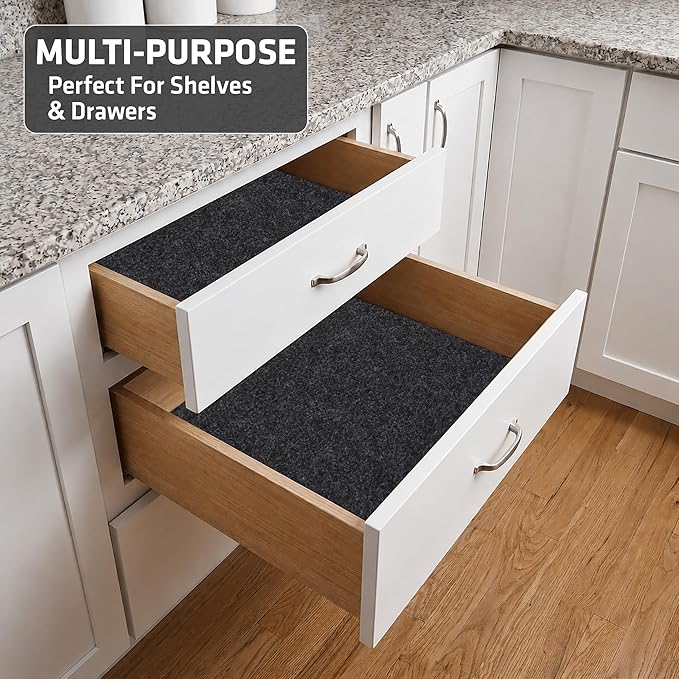 Drymate Premium Luxury Shelf & Drawer Liner, Thick Cushioned Fabric, Non-Adhesive, Absorbent, Waterproof, Slip-Resistant, Liners for Kitchen Cabinets, Cupboards (USA Made)(12”x59”)(24-Pack)(Charcoal)