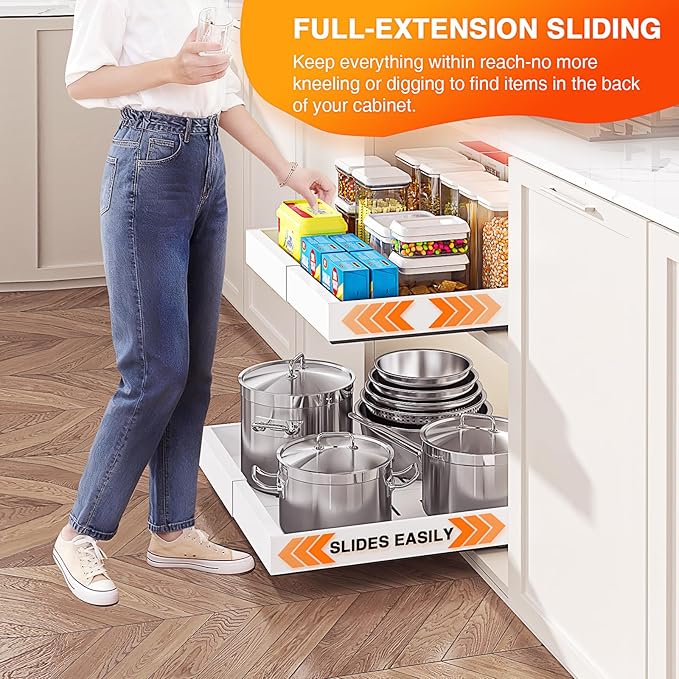 Expandable Pull Out Cabinet Organizer, Slide Out Cabinet Shelves with 3 Quiet Rails, Nano Adhesive No Drill Roll Out Drawers for Kitchen, Pantry, Bathroom,12.6-20.4" W x 16.54" D,1 Pack,White