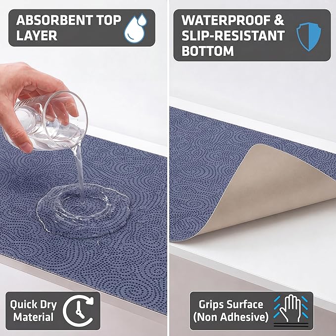 Drymate Premium Luxury Shelf & Drawer Liner, Thick Cushioned Fabric, Non-Adhesive, Absorbent, Waterproof, Slip-Resistant, Liners for Kitchen Cabinets, Cupboards (USA Made)(12”x59”)(24-Pack)(Blue)