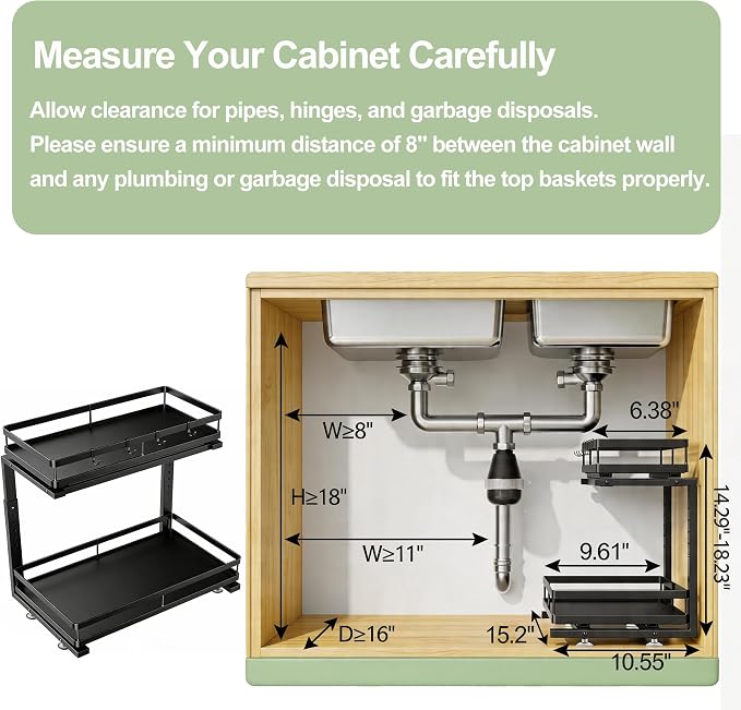 2 Pack Under Sink Organizers and Storage, Heavy Duty Metal Pull Out Cabinet Organizer with Ball-Bearing Slides, Height Adjustable L-Shaped Shelf for Kitchen & Bathroom (2-Pack)