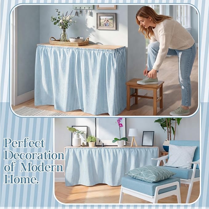 VitalCozy Cabinet Curtain 28" W x 51" L Sink Skirt for Bathroom Kitchen Blue Stripes Short Curtain for Home Classroom Farmhouse Rustic Drape Under Desk Privacy Drape for Laundry Room