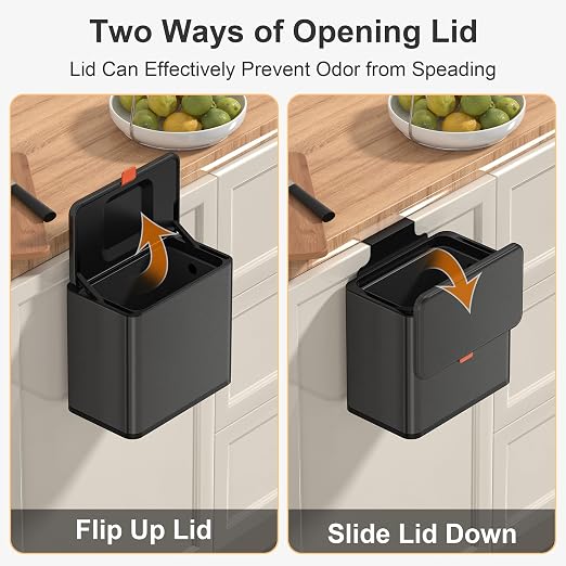 Mbillion Kitchen Compost Bin Hanging Trash Can with Lid 1.05 Gallon Stainless Steel Garbage Can for Kitchen Cabinet Door Mounted Trash Can Under Sink Door RV Bathroom,Brushed Black