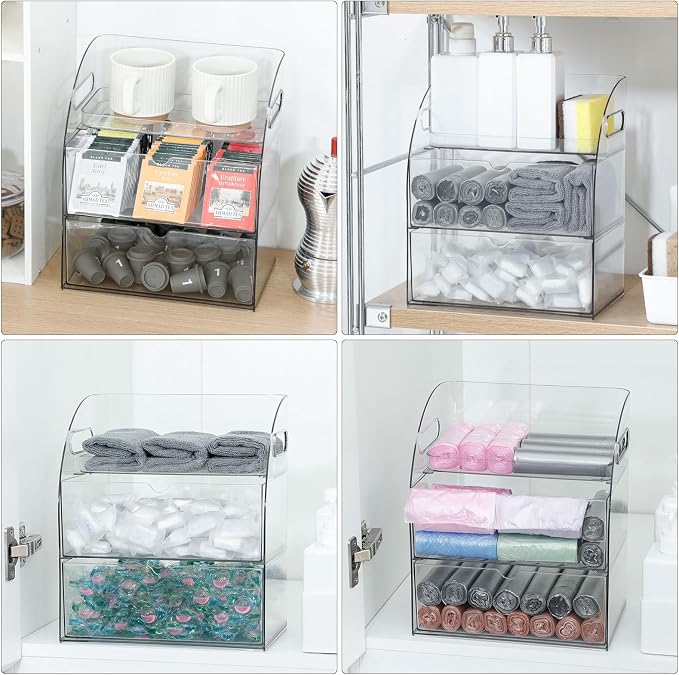 Clear Kitchen and Pantry Organizer with Drawer, Plastic Trash Bags and Dishwasher Pods Dispenser Holder Under Sink, Large Storage Container with Handle for Laundry and Bathroom