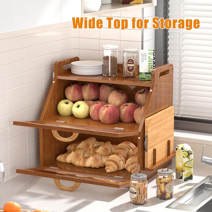 Bread Box for Kitchen Countertop, Large Bread Storage Container for Homemade Bread, Vintage Wooden Farmhouse Breadbox Organizers, Double Layer Bread Bin with Acrylic Window Bread Holder