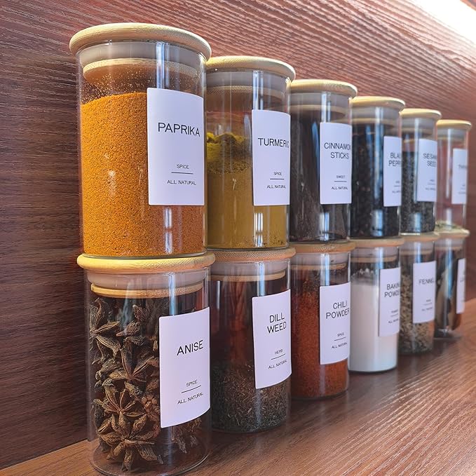 12 Pcs Glass Spice Jars with Bamboo Airtight Lids & 201 Labels - 8oz Small Empty Food Storage Containers for Kitchen, Seasonings, Herbs, Salt