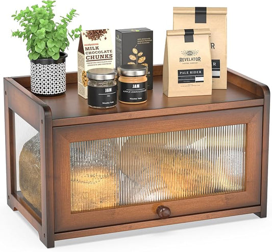 BAMBANG Bamboo Bread Box for Kitchen Countertop, Extra Large Farmhouse Bread Box with 4-Side Clear Panels, Wooden Bread Storage Container for Homemade Bread, Amber