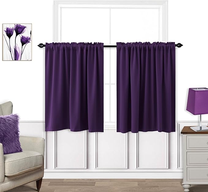 KOUFALL Purple Blackout Curtains for Bedroom,Small Curtains for Bathroom Window,Plum,24 Inch Length