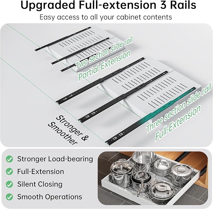 Pull out Cabinet Organizer, 1 pack, 20.5" Deep Heavy Slide out Drawers, Upgrade Three Triple-Slide Rail Systems, Expandable 12.8"-20.8" Roll out Shelf Storage for Kitchen Base Cabinet Organization