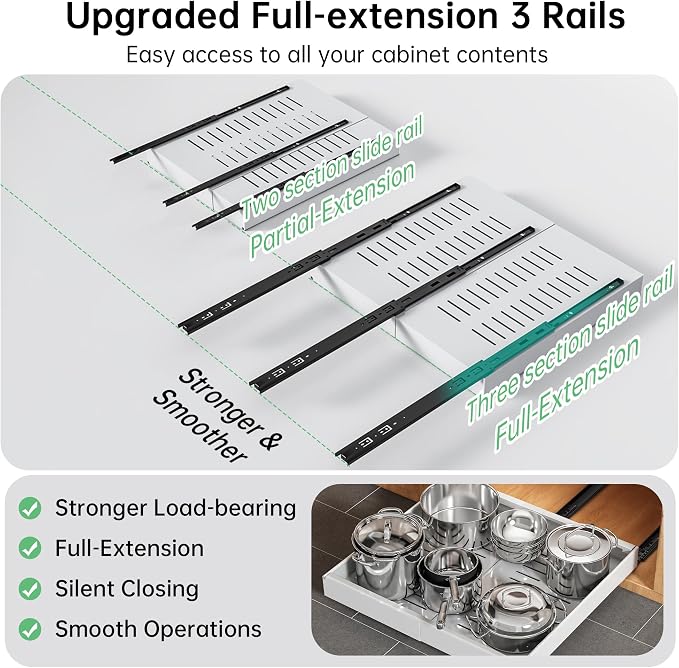 Pull out Cabinet Organizer, 2 pack, 20.5" Deep Heavy Slide out Drawers, Upgrade Three triple-slide Rail Systems, Expandable 12.8"-20.8" Roll out Shelf Storage for Kitchen Base Cabinet Organization
