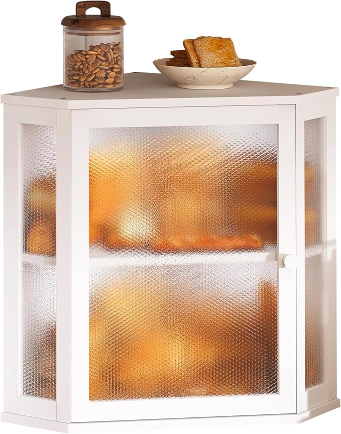 Corner Bread Box for Kitchen Countertop,Bread Storage for Homemade Bread, Double Layer Large Bamboo Kitchen Storage Bin with Window (White, Large)