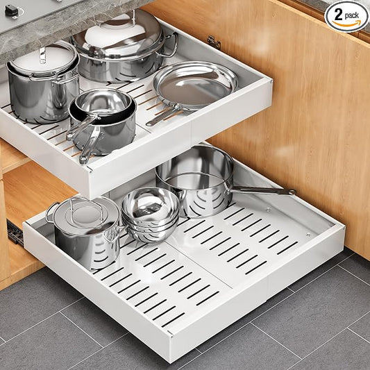 Pull out Cabinet Organizer, 2 pack, 20.5" Deep Heavy Slide out Drawers, Upgrade Three triple-slide Rail Systems, Expandable 12.8"-20.8" Roll out Shelf Storage for Kitchen Base Cabinet Organization