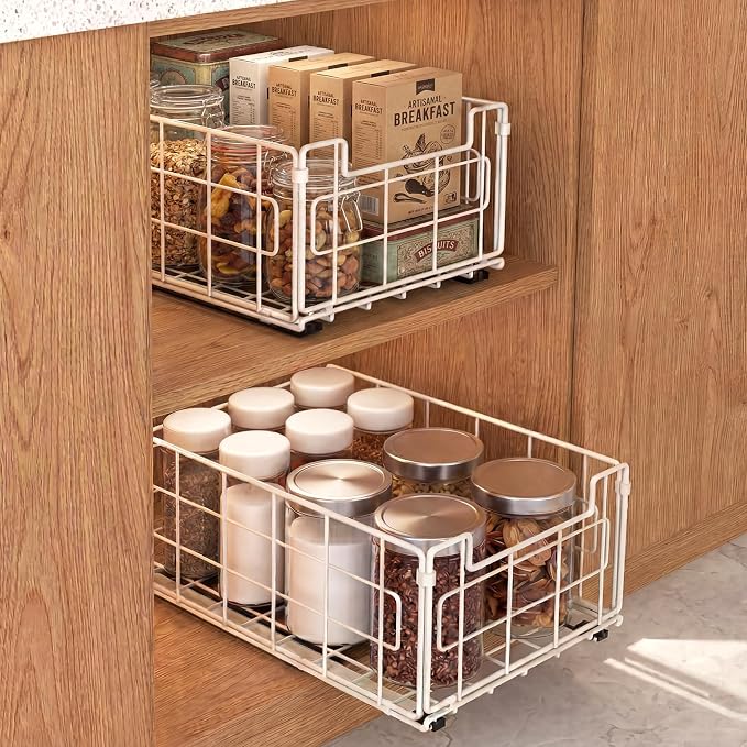 Pull Out Cabinet Sliding Basket Organizer, Heavy Duty Slide Out Drawer for Kitchen Cabinet, No Drill Adhesive Sliding Shelves for Kitchen Bathroom Home, 13.8" D x 8.5" W x 6.3" H,White-2 Pack