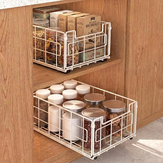Pull Out Cabinet Sliding Basket Organizer, Heavy Duty Slide Out Drawer for Kitchen Cabinet, No Drill Adhesive Sliding Shelves for Kitchen Bathroom Home, 13.8" D x 8.5" W x 6.3" H,White-2 Pack