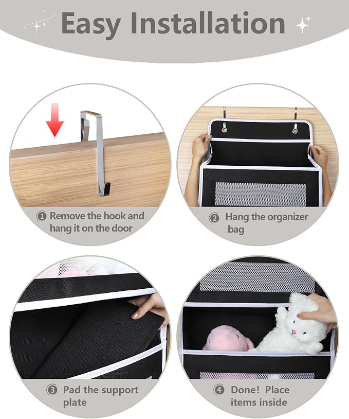 Over The Door Organizer, Reinforced Composite Fabric with Reinforced Stitching and Anti-Sag Structure, 44LB Capacity, 5 Large Pockets & 10 Mesh Pockets for Bathroom, Nursery & Laundry Room (Black)