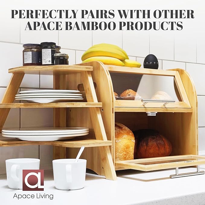 Arise Stylish Bamboo Bread Box for Kitchen Countertop, Extra Large 2-Shelf Wooden Bread Storage Container with Clear Windows and Air Vents Keep Bread, Bagels and Rolls Fresh, Self Assembly