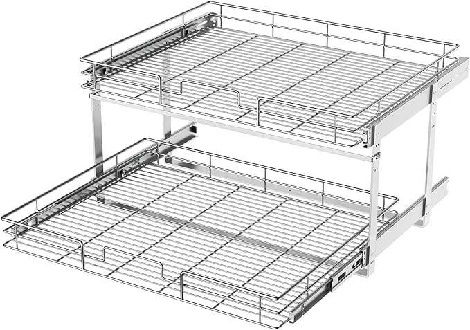 LOVMOR 2 Tier Individual Pull Out Cabinet Organizer 27" W x 21½" D, Slide Out Kitchen Cabinet Storage Sliding Shelves