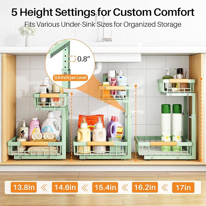 PXRACK Under Sink Organizer, Adjustable Height, 2 Tier Pull Out Under Cabinet Organizer, Slide Out Thickened Metal Under Sink Storage for Kitchen Bathroom Laundry Pantry Cabinet, Green, Large-1-Pack