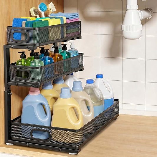 Under Sink Organizer for Bathroom, 3 Tier Adjustable Height Under Sink Storage, Sliding Pull Out Cabinet Organizer Shelf, Metal Multi-Purpose Cabinet Organizer for Kitchen (1 Pack, Black)