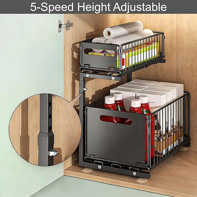 Under Sink Organizer, 2-Tier Multi-Use Kitchen and Bathroom Organizers and Storage, Slide Out Thickened Metal Under The Sink Organizer for Kitchen Bathroom Pantry (Style B Black, 1 Pack)