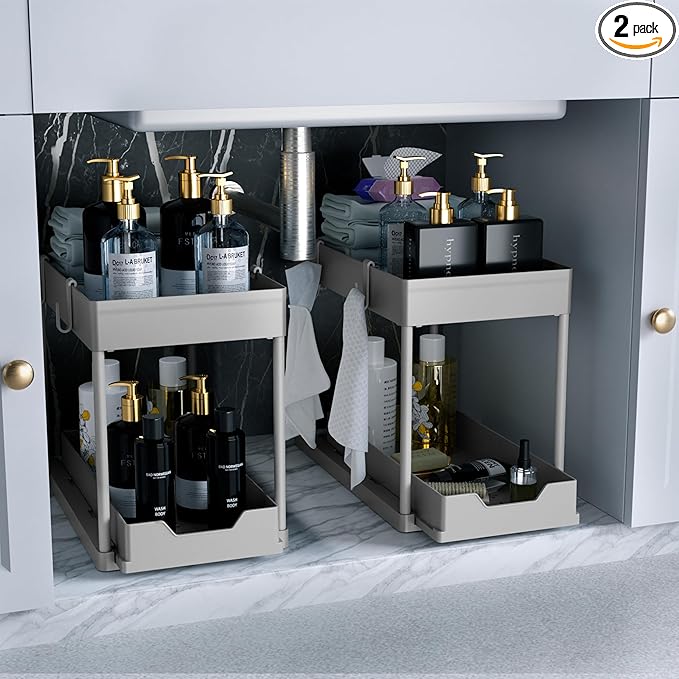 DEKAVA Under Sink Organizer 2 Pack，Bathroom Cabinet Organizer，2 Tier Sliding Cabinet Basket Organizer Drawer, Multi-Purpose Bath Collection Baskets for Bathroom (Grey)
