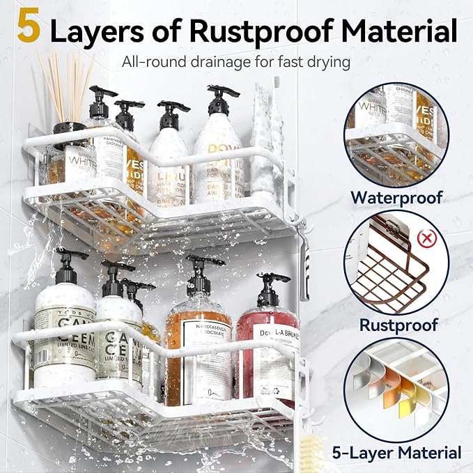 YASONIC Shower Caddy Corner, 3-Pack Adhesive Rustproof Stainless Steel Shower Shelves with Soap Holder, No Drilling Shower Organizer Corner for Dorm, Renters Bathroom, White