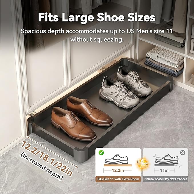 Under-Cabinet Pull Out Shoe Rack, Push-to-Open Sliding Storage Tray for Entryway/Closet, Hidden Kick-to-Open Shoe Organizer, No-Drill Installation, Durable Aluminum Frame