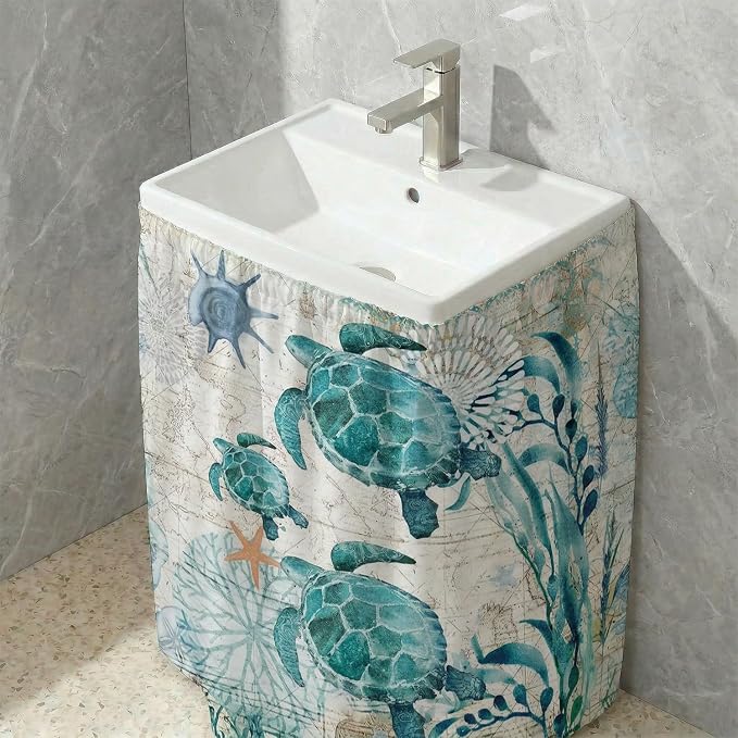 Nautical Green Sea Turtles Beach Theme Sink Skirt for Bathroom, Self Stick Adhesive Waterproof Fabric, Blue Ocean Under Sink Curtain Skirt, Pedestal Sink Accessories Decor
