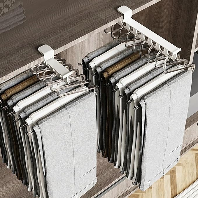 Closet Valet Rod Slide Out, 9 Holes Pull Out Closet Valet Rod - Smooth Silent Slide, No-drill Install, Space-saving Organizer, White