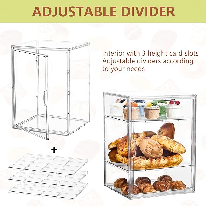 SANKEU Pastry Display Case,Bread Box for Kitchen Countertop,4 Layers Adjustable Clear Bread Storage with Magnetic Door Bakery Pastry Display15.5x11.4x9.8inch，1 Pack