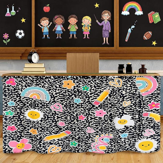 VitalCozy Composition Notebook Table Skirt for Classroom Teacher 28" W x 51" L Desk Curtain Skirts Teacher Appreciation Week Back to School Gifts for Kindergarten Classroom Office Bookcase Decoration