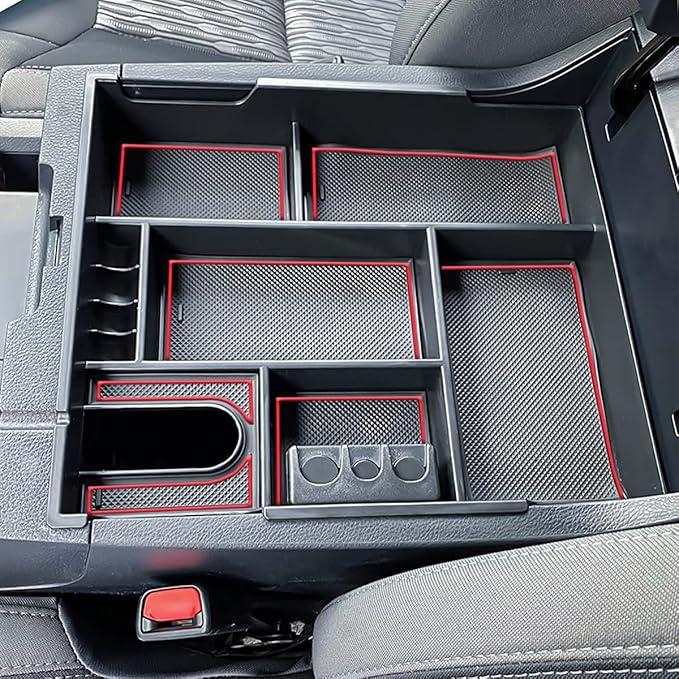 Center Console Organizer Compatible with 2014-2017 2018 2019 2020 2021 Tundra Accessories, Crewmax Interior Armrest Underseat Storage Box- Full-coverage Insert Tray, Red Trim