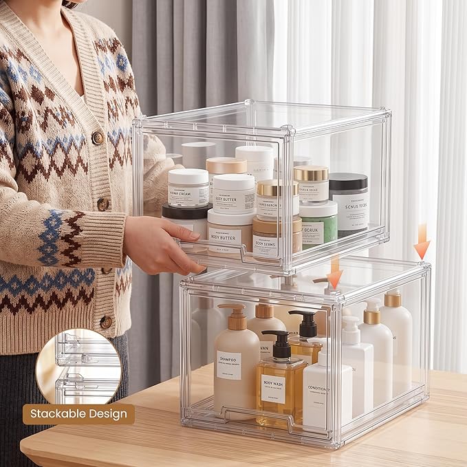Large Clear Stackable Storage Drawers, 3 Pack Acrylic Organizer Bins for Closet, Bathroom, Kitchen, Pantry, Under Sink, Office, Laundry, Vanity, and Toy Organization, Durable Plastic, Smooth Pull-Out