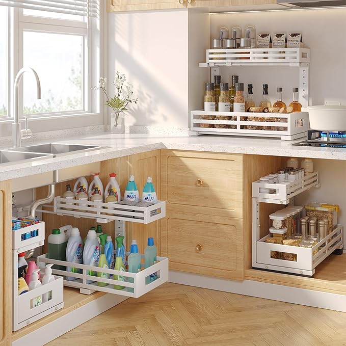 2-Pack 17"Deep Under Sink Organizer And Storage, 2-Tier L-Shaped Pull Out Cabinet Organizer with Upgraded Slide Rails, Height Adjustable Drawers for Kitchen&Bathroom, Extra-Large Storage Shelves–Gray