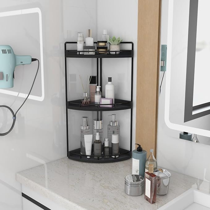 Dorhors 3-Tier Corner Bathroom Organizer Countertop for Storage,Vanity Tray,Wood Counter Organizer for Kitchen,Bathroom,Dresser (Black)