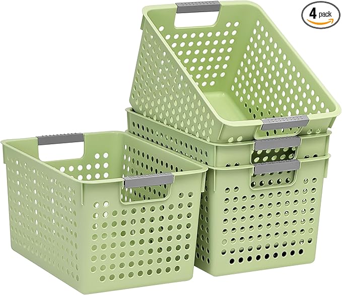Soddeph 4 Pack Plastic Deep Storage Basket with Handles, Cubbies Organizer Bins with Hollow Design for Under Counter, Closet, Kitchen or Bathroom 12.3" × 8.7" × 6.9"(Green, Medium)