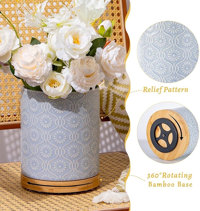 TEATALK Ceramic Utensil Holder Set, 360° Rotating Organizer for Countertop, Farmhouse Vintage Style, Large and Small Crocks in Light Blue 7.7"+5.7", Light Blue
