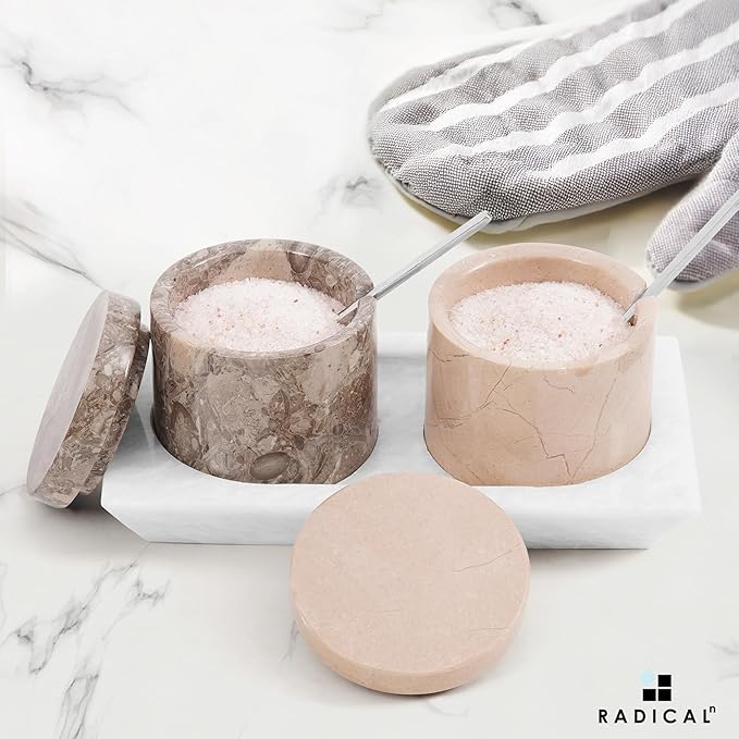 Radicaln Marble Salt Cellar with Lid and Tray 3" Inch Oceanic & Verona Handmade Set of 2 Seasoning Jars For Kitchen Storage, Ideal Table Sugar Bowl & Salt Dish For Countertop