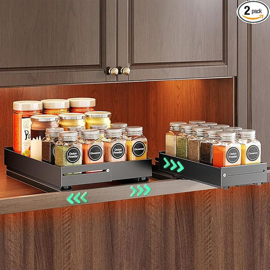 SNTD Pull Out Spice Rack for Upper Cabinet - Expandable Organizer with Smooth Ball Bearing Slides, No Drill Mounting Spice Storage for Kitchen (2 Pack, 4.1" to 7.2" W X 10" D X 2.2" H)