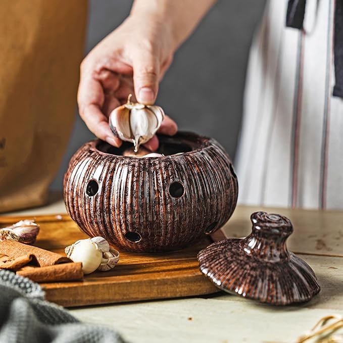 Ceramic Garlic Keeper with Lid, Large Garlic Storage Pod, Garlic Container for Kitchen Counter