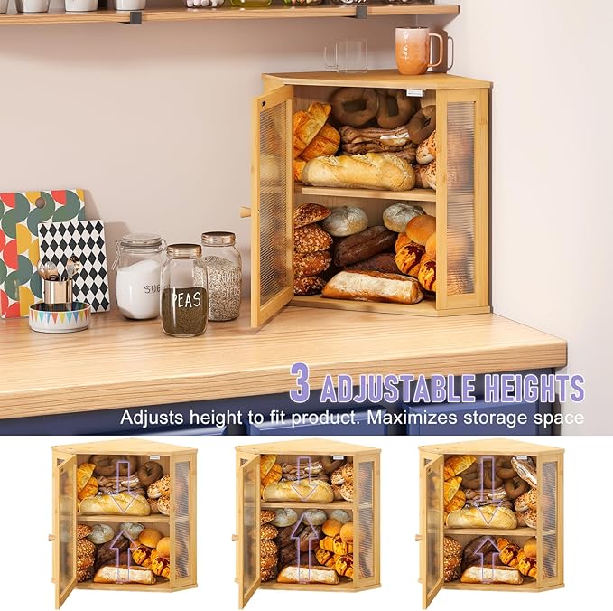 Corner Bread box for Kitchen Countertop,Farmhouse Bread Box with Acrylic Wavy Door Panel,Large Bread box for kitchen countertop,Food Storage Container (Natural, Extra Large)