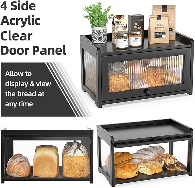BAMBANG Bamboo Bread Box for Kitchen Countertop, Extra Large Farmhouse Bread Box with 4-Side Clear Panels, Wooden Bread Storage Container for Homemade Bread, Black