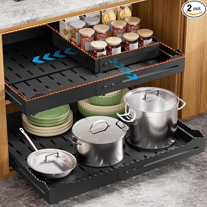 Pull Out Drawers for Cabinets, Expandable Pull Out Cabinet Organizer 11-18" Width,13-24" Depth, Roll out Shelves for Cabinets Without Lip, No Drill Adjustable Slide out Drawers for Kitchen & Pantry