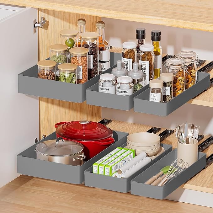 Garvee Expandable Pull Out Cabinet Organizer, 15.75'' Heavy Duty Peel and Stick Roll Out Drawer for Pots and Pans Adjustable Adhesive No Drill Screw Slide Out Drawers for Kitchen Gray