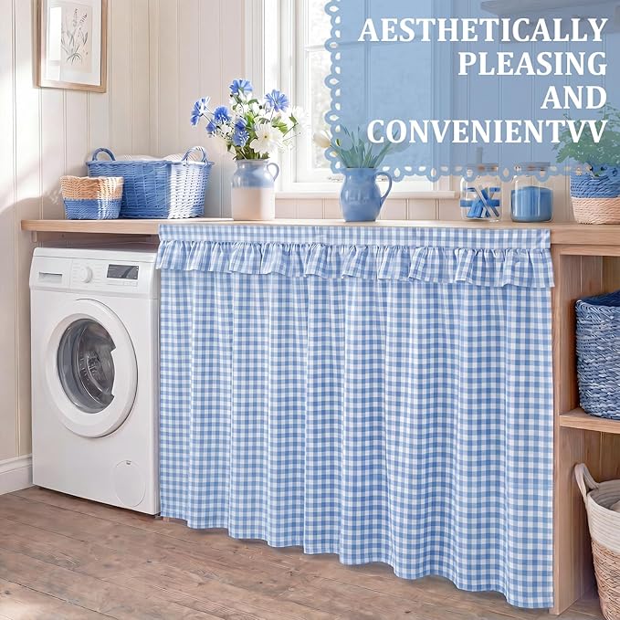 Blue Ruffle Gingham Sink Skirt Self-Adhesive Bathroom Stitch Self Stick Adhesive Fabric Under Sink Curtain Skirt 55'' x 32'' for Bathroom Kitchen Laundry Utility Room Decor