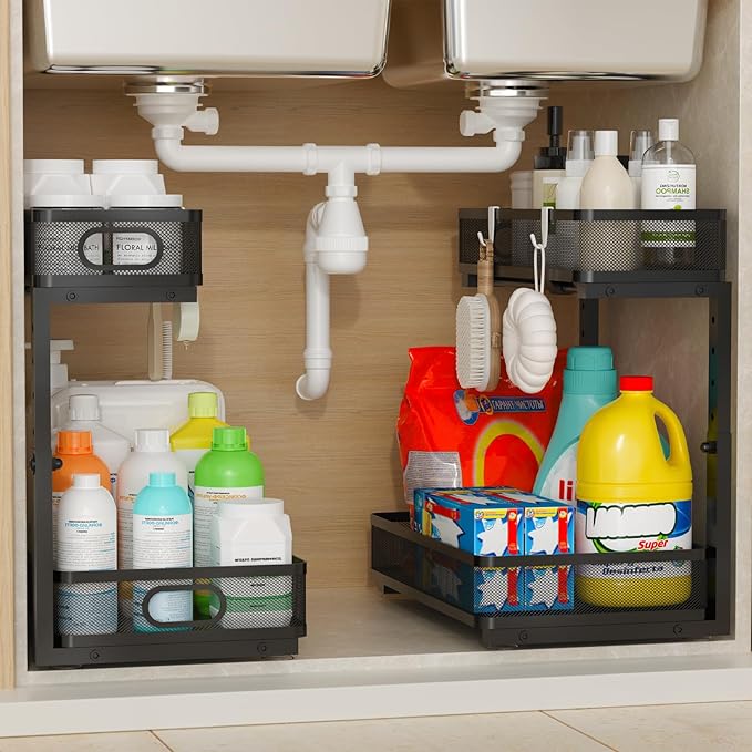 Under Sink Organizer 1 Pack, 2-Tier Slide Out Cabinet Organizer with Metal Sliding Drawer and Hooks, Pull Out Storage Baskets for Kitchen Bathroom Pantry Cabinet Organization (Black (1 pack))