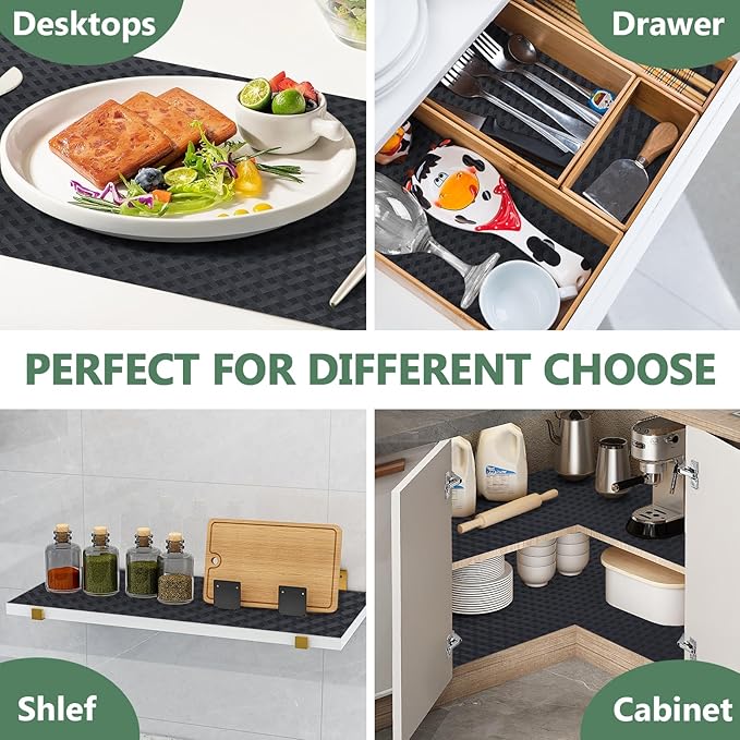 Shelf Liners, Non-Adhesive Drawer Liner, Waterproof & Oil-Proof Kitchen Cabinet Cupboard Liner Plastic EVA Material BPA Free Fridge Liner Mats Paper Protector for Shelves (Black/16in x 240in)