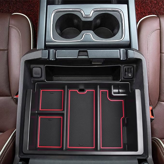 Full coverage Center Console Organizer Compatible with 2014-2018 GMC Sierra 1500 /Chevy Silverado 1500 Accessories 2015-2020 Yukon XL/Tahoe Suburban Insert Armrest Storage ABS Plastic, Red