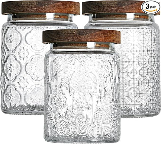 24 OZ Airtight Glass Storage Jar with Bamboo Lid - Vintage Glass Jar Vintage Food Containers Canisters Set for Kitchen Counter & Pantry - Ideal for Sugar, Flour, Coffee, Tea, Candy, Oats -3 Pack