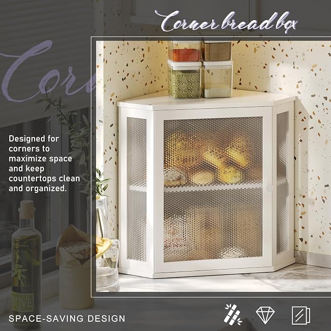 Bamboo Bread Box with Acrylic Window Display, Kitchen Countertop Storage,(White, Medium)